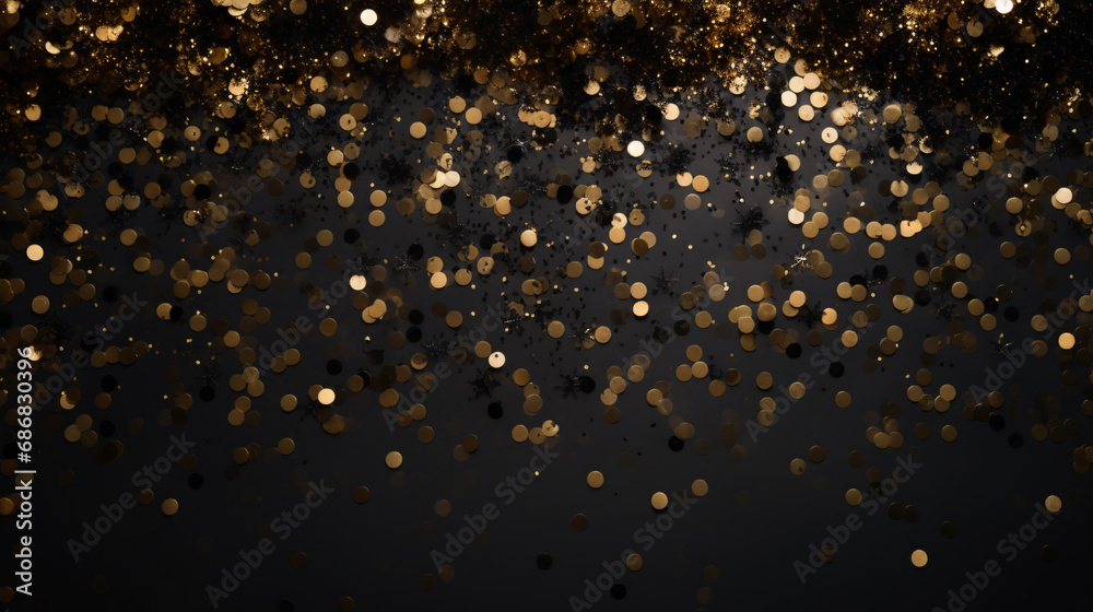 The background is beautiful and has a festive atmosphere. that creates a happy New Year's atmosphere The alternating use of gold and black is a curve of elegance and elegant style. A rain of confettis - obrazy, fototapety, plakaty 