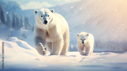 A mother bear and cubs are walking in the polar snow. These are images that reflect the warmth and grace of mother-daughter love in nature. Their walking on the white snow surface reflects the beauty.