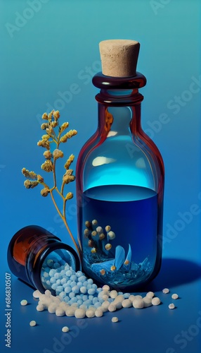 Homeopathy alternative medicine eco concept - classical homeopathy pills. Homeopathic globules and herbs with medical bottles on blue background. photo