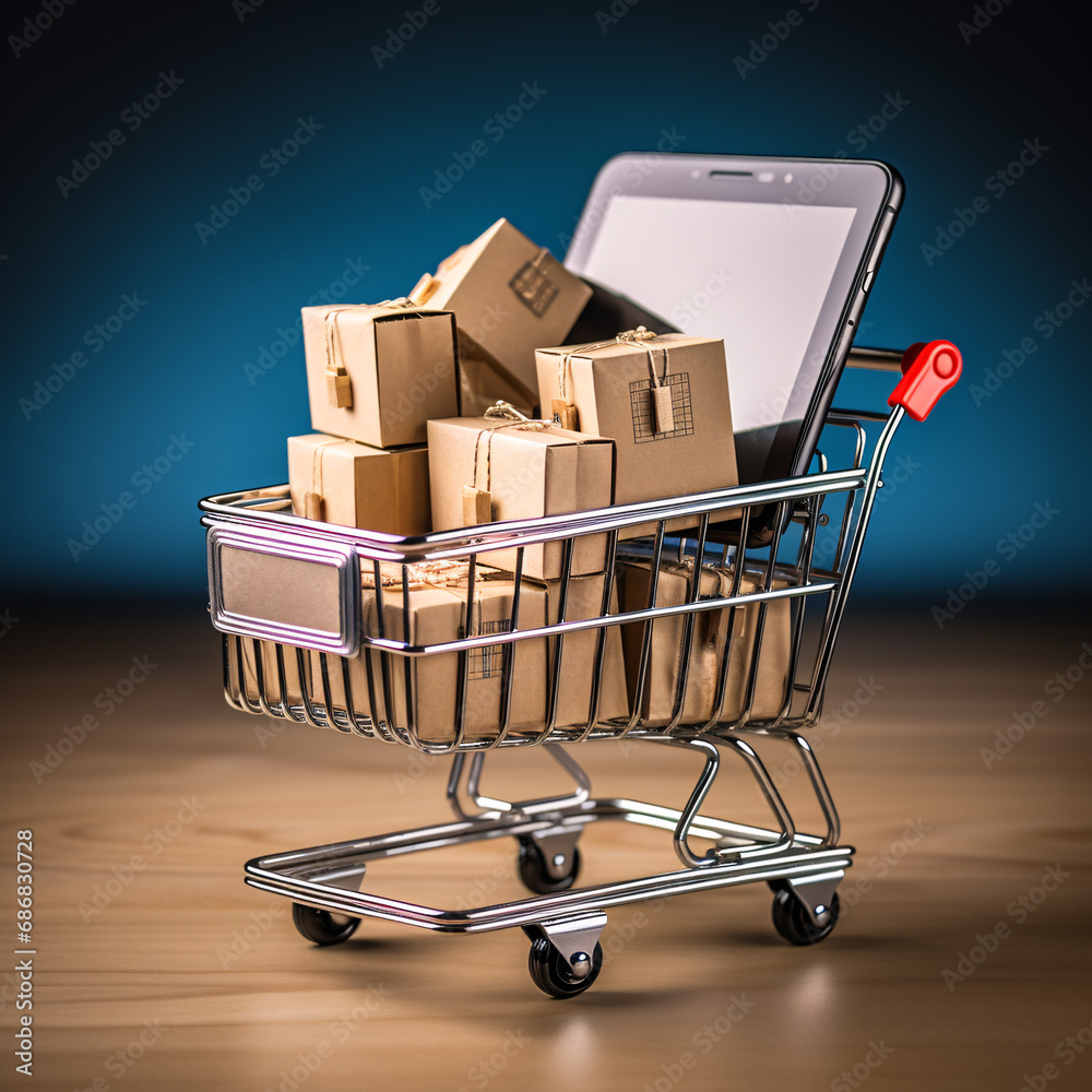 A small cart with a parcel box and delivery support on the motherboard for quick response of this image and the use of technology to help with the delivery of goods and parcel boxes in the vehicle.