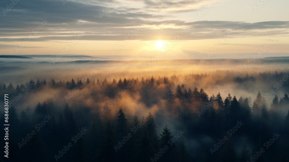 This photo was taken from a high angle in a misty forest. Sunlight rose in the misty sky. The photos show the tranquility and beauty of nature in a misty atmosphere. We could see lights radiating.