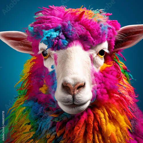 Portrait of sheep photographed in the studio With a multi-colored background that creates an impression. Photographing sheep in the studio reveals how cute and joyful the animals are. The colorful © peerapong