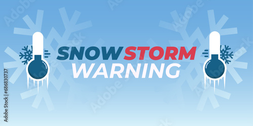 Snowstorm warning. Heavy snowfall alert. Background, banner, wallpaper with frozen thermometer, snowflakes, and typography. Vector illustration.