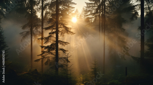 This photo was taken from a high angle in a misty forest. The image depicts a sky with the light of a beautiful sunrise amidst a dense fog covering the entire forest. The clear light emanating.