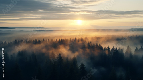 This photo was taken from a high angle in a misty forest. Sunlight rose in the misty sky. The photos show the tranquility and beauty of nature in a misty atmosphere. We could see lights radiating. © peerapong