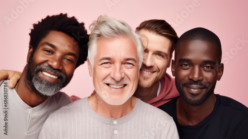 Senior gentlemen with different skin tones against a studio backdrop. © iuricazac