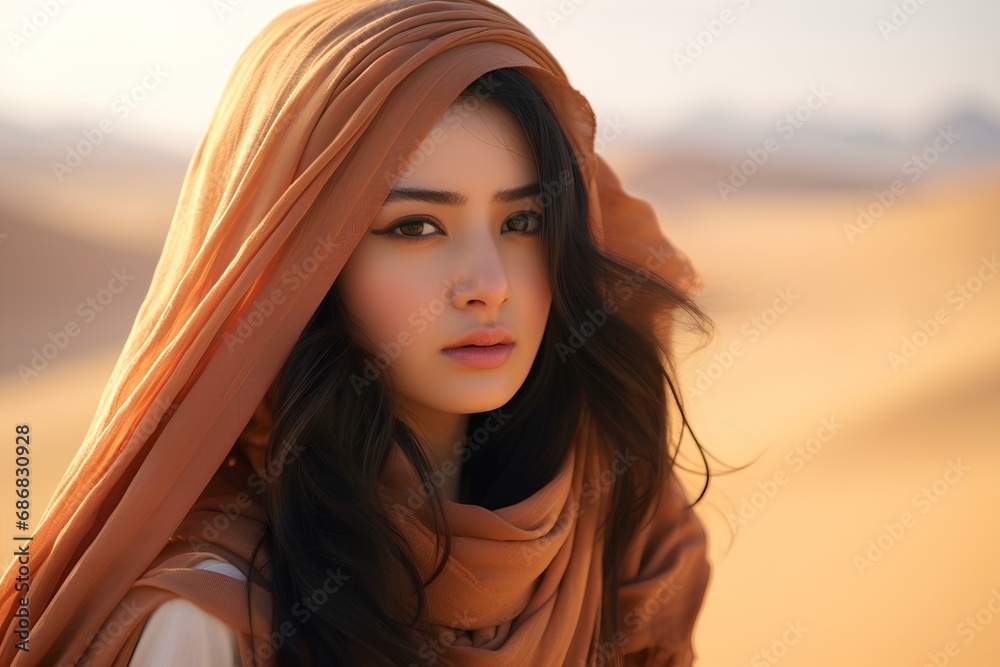 an Asian Arab woman in a serene desert landscape. generative AI
