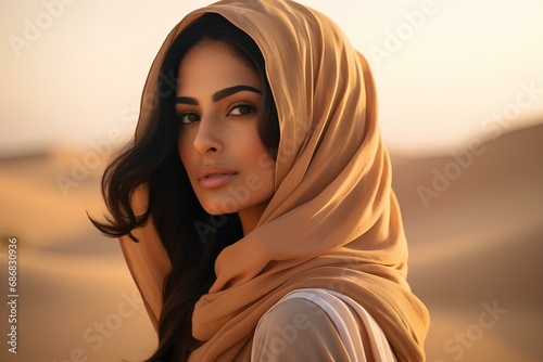 an Asian Arab woman in a serene desert landscape. generative AI