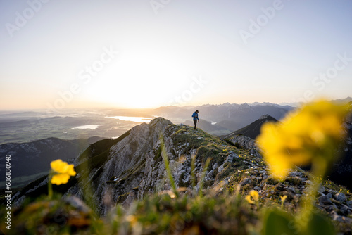 Hiker on viewpoint during sunrise, Brentenjoch, Bavaria, Germany photo