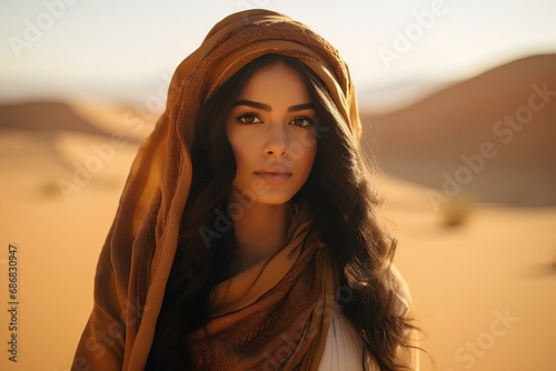 an Asian Arab woman in a serene desert landscape. generative AI