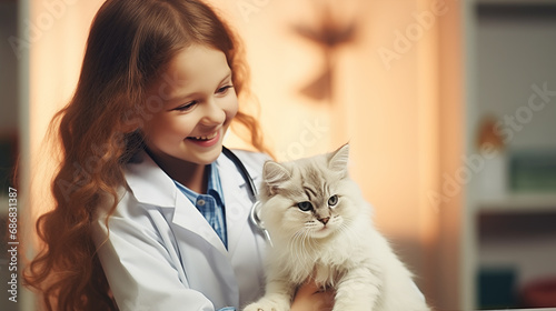 Candid photo of a cute child is dressed in a white coat, glasses, plays doctor, treats her kitten