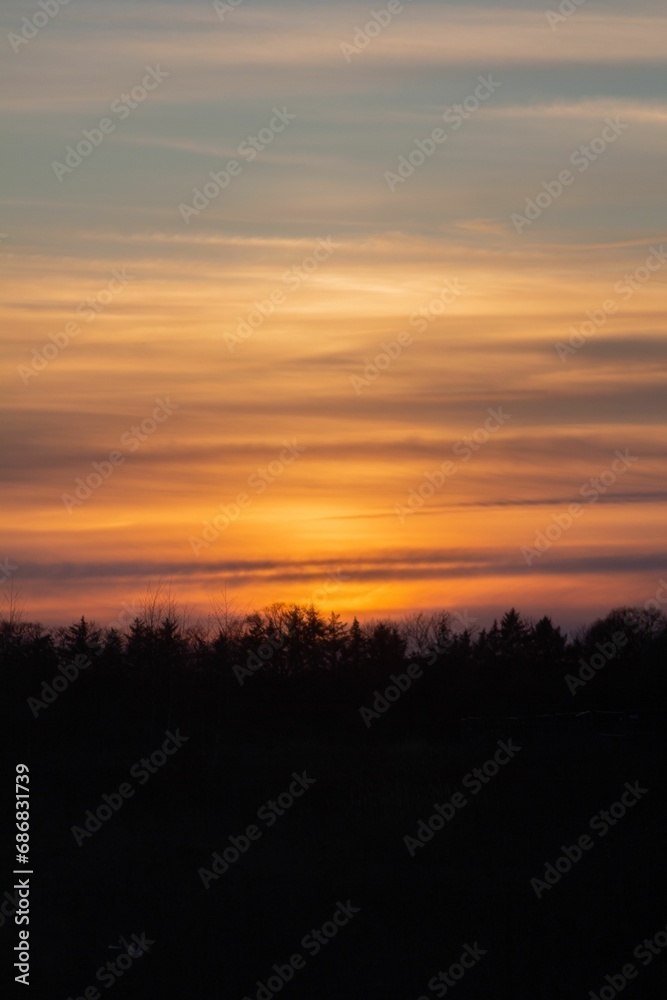 the sun setting behind some trees in the distance at sunset