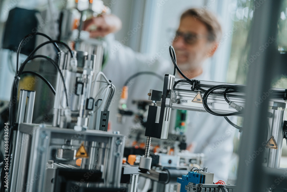 Close-up of machinery with male scientist in background at factory