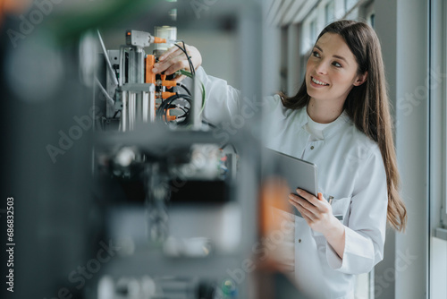 Obraz na płótnie Smiling female scientist holding digital tablet inventing machinery in laboratory w salonie