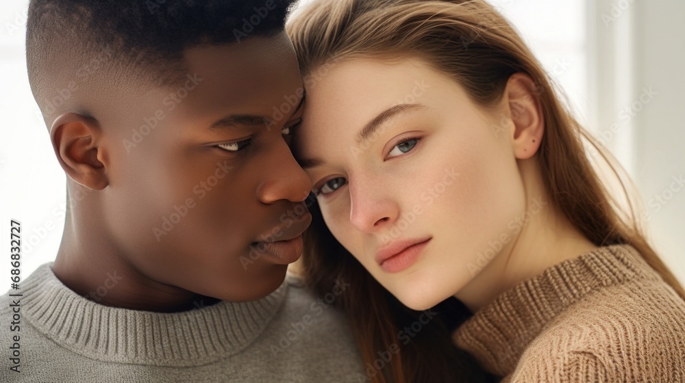 In the warmth of their home, a mixed-skin couple expresses their love through a tight embrace. In the warmth of their home, a mixed-skin couple expresses their love through a tight embrace.
