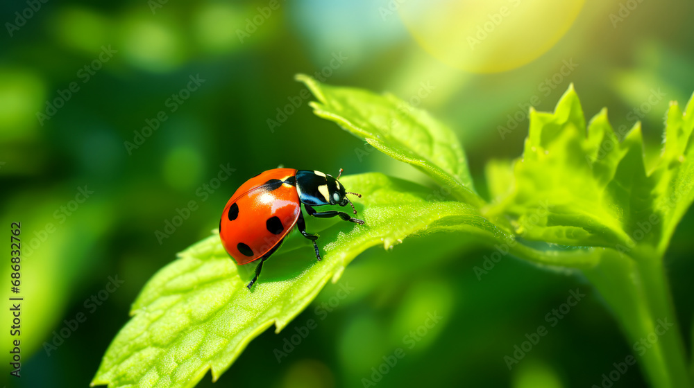 Obraz premium Ladybird is seen on a plant in a green natural environment.