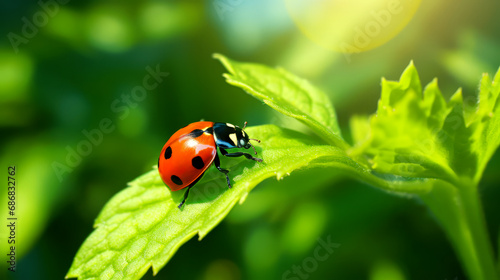 Ladybird is seen on a plant in a green natural environment.