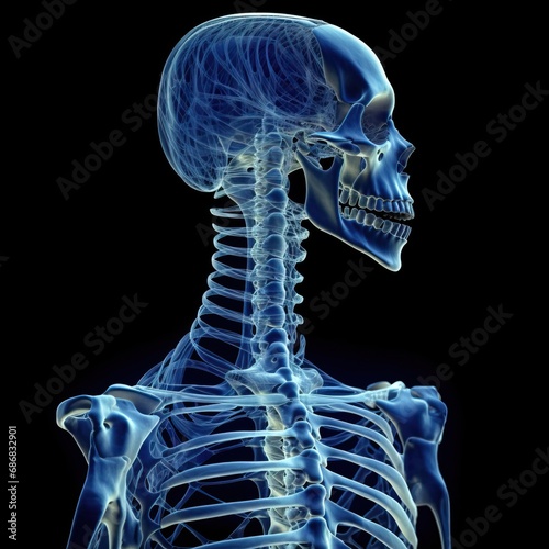 Human Skeleton Blue Chlorine Cervical Spine Lateral System Anatomy View, on black background