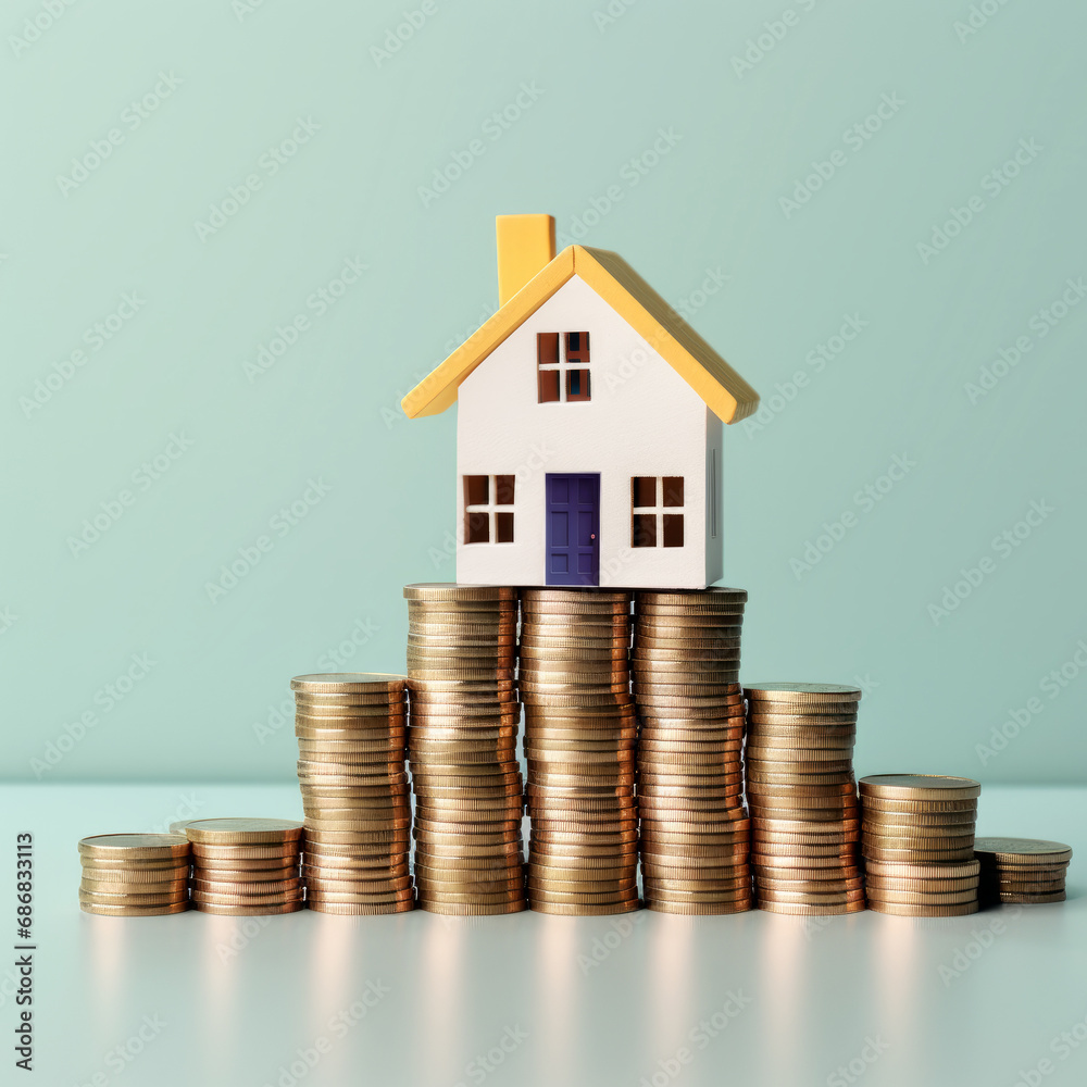 Property Real Estate concept with a small home model and coins group - Growth in property value concept. Property Real Estate concept with a small home model and coins group - Growth in property value concept.