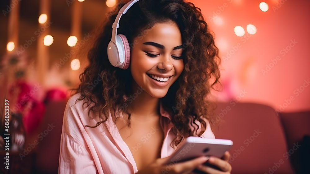 Adolecente latina con fondo rosa escuchando musica