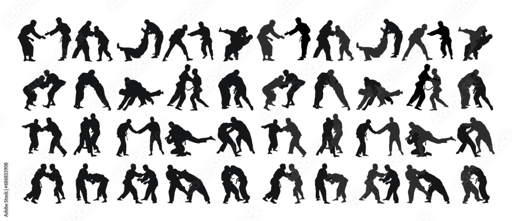 Judoist, judoka, athlete duel, fight, judo, sport figure silhouette outline