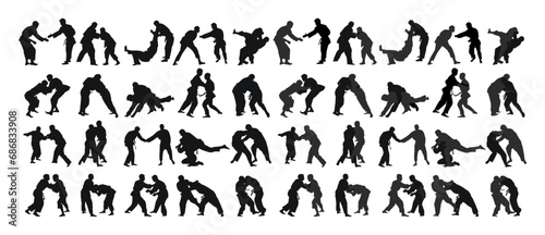 Judoist, judoka, athlete duel, fight, judo, sport figure silhouette outline #686833908