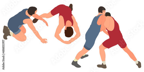 Image of athletes wrestlers in wrestling, fighting. Greco Roman wrestling, fight, combating, struggle, grappling, duel, mixed martial art, sportsmanship