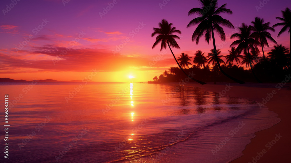 Silhouette of coconut trees on the beach at sunset. Idyllic tropical island in summer.