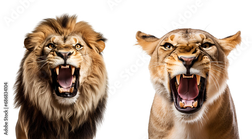 Savannah Predators: Aggressive Lioness and Angry Lion Set, Isolated on Transparent Background, PNG photo