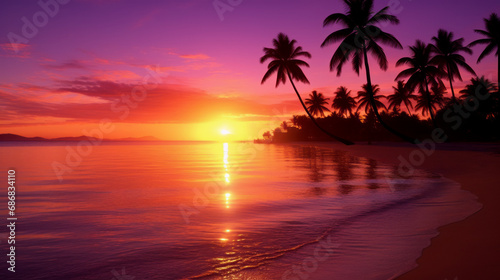 Silhouette of coconut trees on the beach at sunset. Idyllic tropical island in summer. © Igor Dudchak