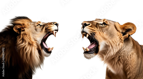 Predators of the Savannah: Set of Angry Lion and Aggressive Lioness, Isolated on Transparent Background, PNG