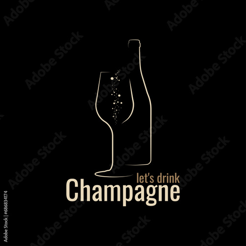 Bottle and glass of champagne, silhouettes on a black background with an inscription. Vector illustration.