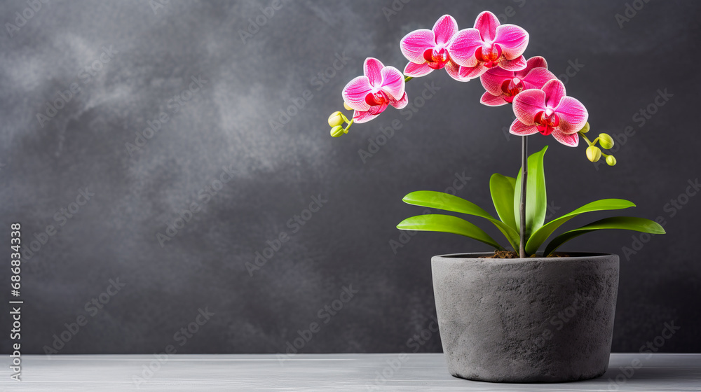 Beautiful blooming pink orchid, on a table near grey wall. Space for text Beautiful blooming pink orchid, on a table near grey wall. Space for text