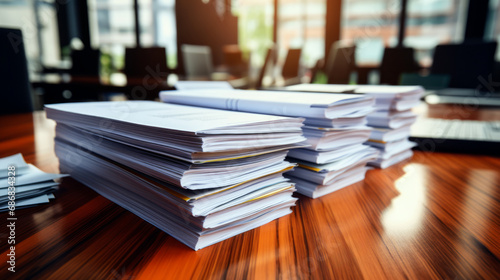 collection of report papers for business purposes, such as annual reports on a table. Stack of papers. © Igor Dudchak