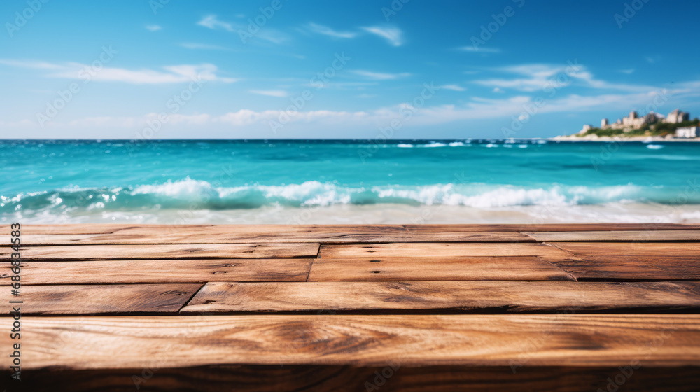 wooden table or pier is shown in the presence of a sunny beach and sea in the background.
