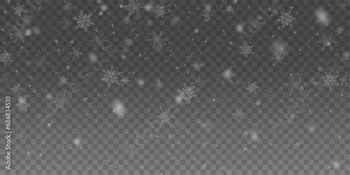 Christmas background with small falling snowflakes. Snow storm effect, blurred, cold wind with snow png. Holiday powder snow for cards, invitations, banners, advertising.