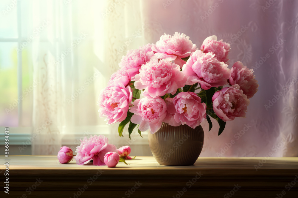 A bouquet of pink peonies on a table near the window.