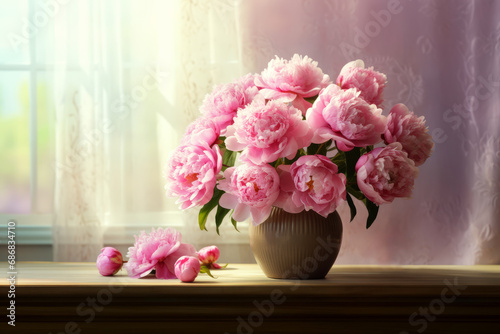 A bouquet of pink peonies on a table near the window.