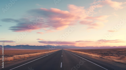 asphalt road and mountain in summer at sunset..Road in the desert at sunset. © Igor Dudchak