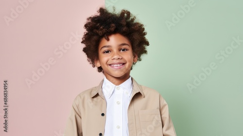 Smiling mixed-race schoolboy happily poses in modern clothes with books and a backpack.
