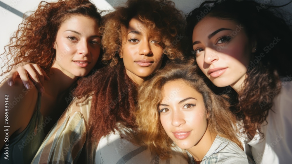 Diverse group of 4 women making selfie. Multriracial people standing to each other in natural sunlight. Diverse group of 4 women making selfie. Multriracial people standing to each other in natural sunlight.
