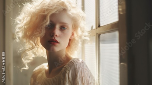 Beautiful young albino woman portrait standing near window in soft sunlight