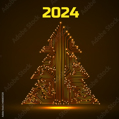 Abstract technology glowing Christmas tree 2024, neon circuit board. Vector illustration