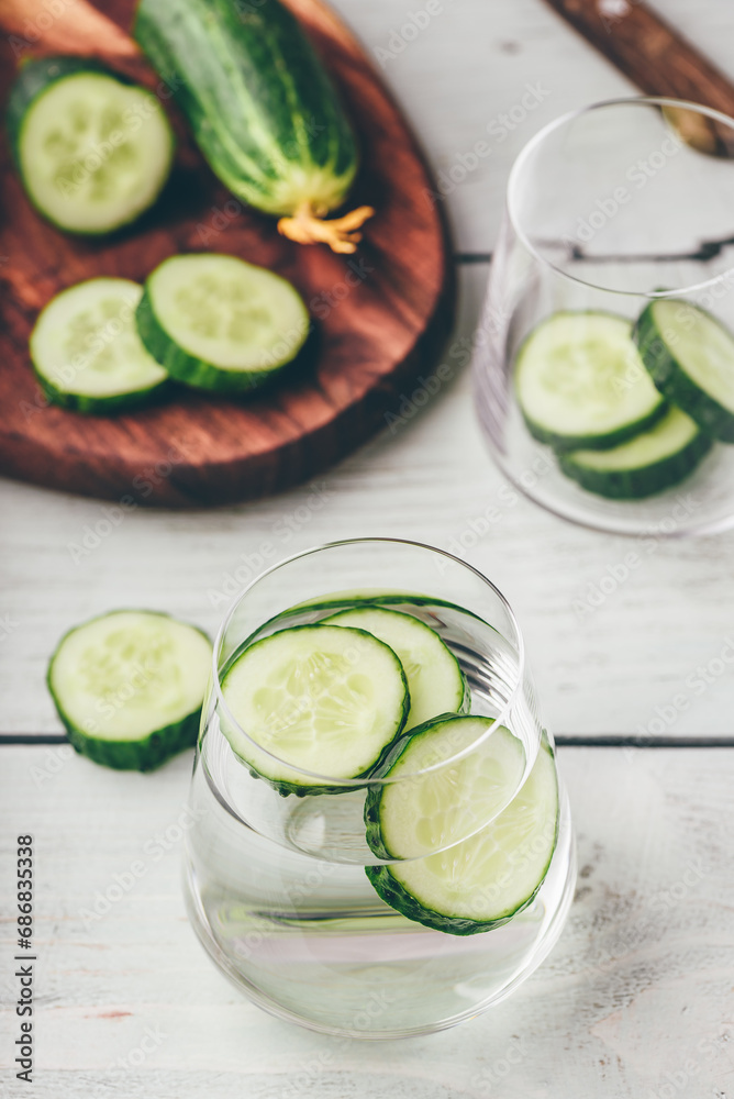 Infused water with sliced cucumber Infused water with sliced cucumber