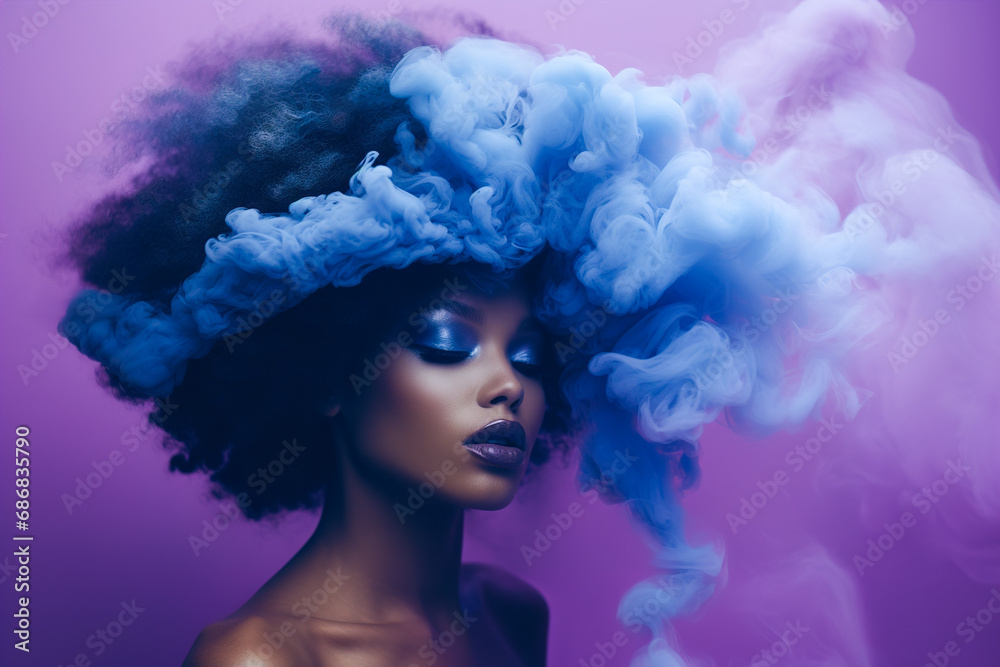 Portrait of a woman with a hairstyle surrounded by blue smoke on a purple background.