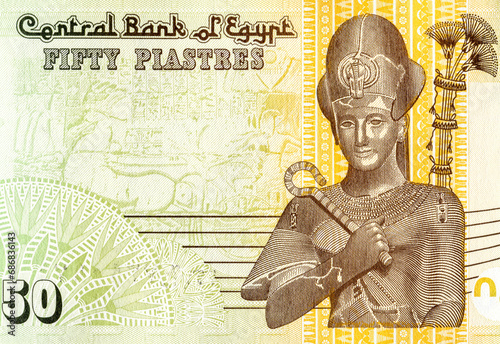 Ramses II on Egyptian fifty piastres banknote. Greatest and most powerful pharaoh of Ancient Egypt