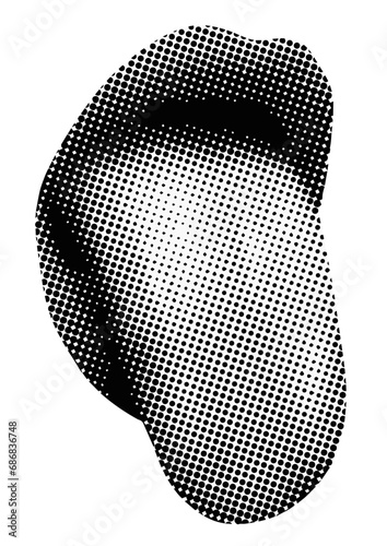 Retro halftone mouth. Woman shows tongue. Modern collage. Licking mouth. Pop art dotted style. Mouth with tongue hanging out. Trendy vintage newspaper parts. Lips with halftone texture. Paper cutout