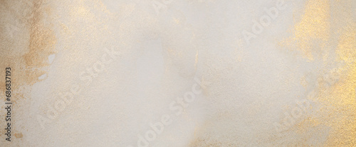 Watercolor paper grain texture painting horizontal wall. Abstract gold, nacre and beige marble copy space background.