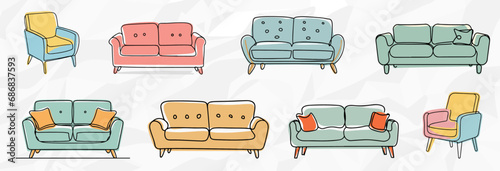 Vielfältige Wohnwelten: Lineart-Zeichnungen von bunten Sesseln und Sofas - Vektorgrafik-Bundle