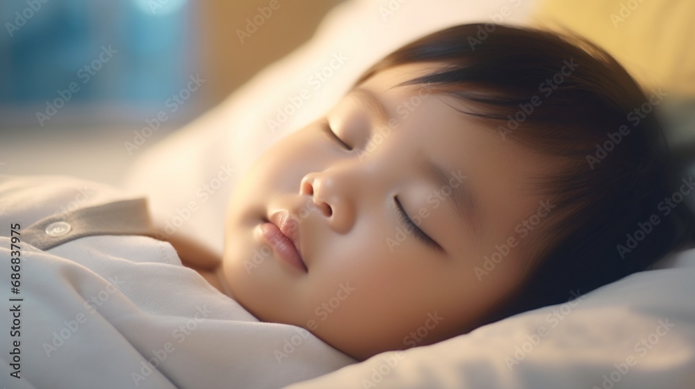 In a kid's room, a baby peacefully sleeps in a comfortable bed. In a kid's room, a baby peacefully sleeps in a comfortable bed.